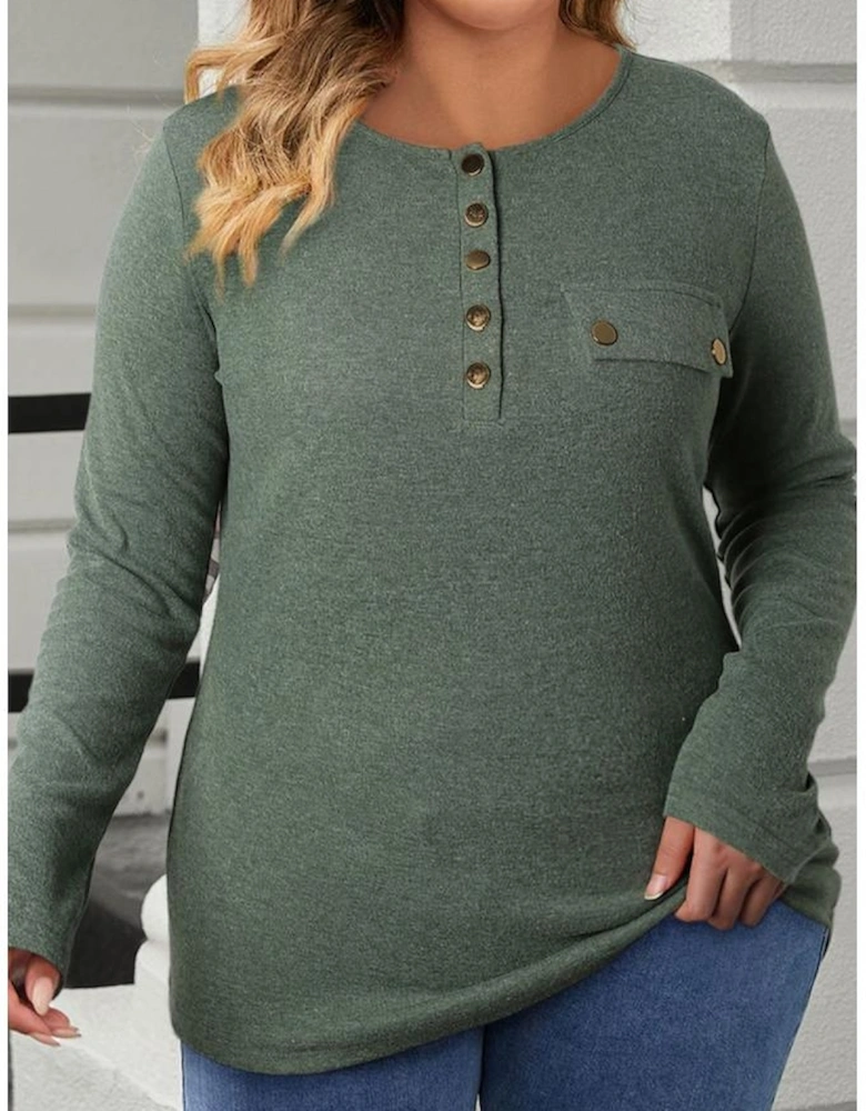 Mist Green Plus Size Snap Button Henley Top