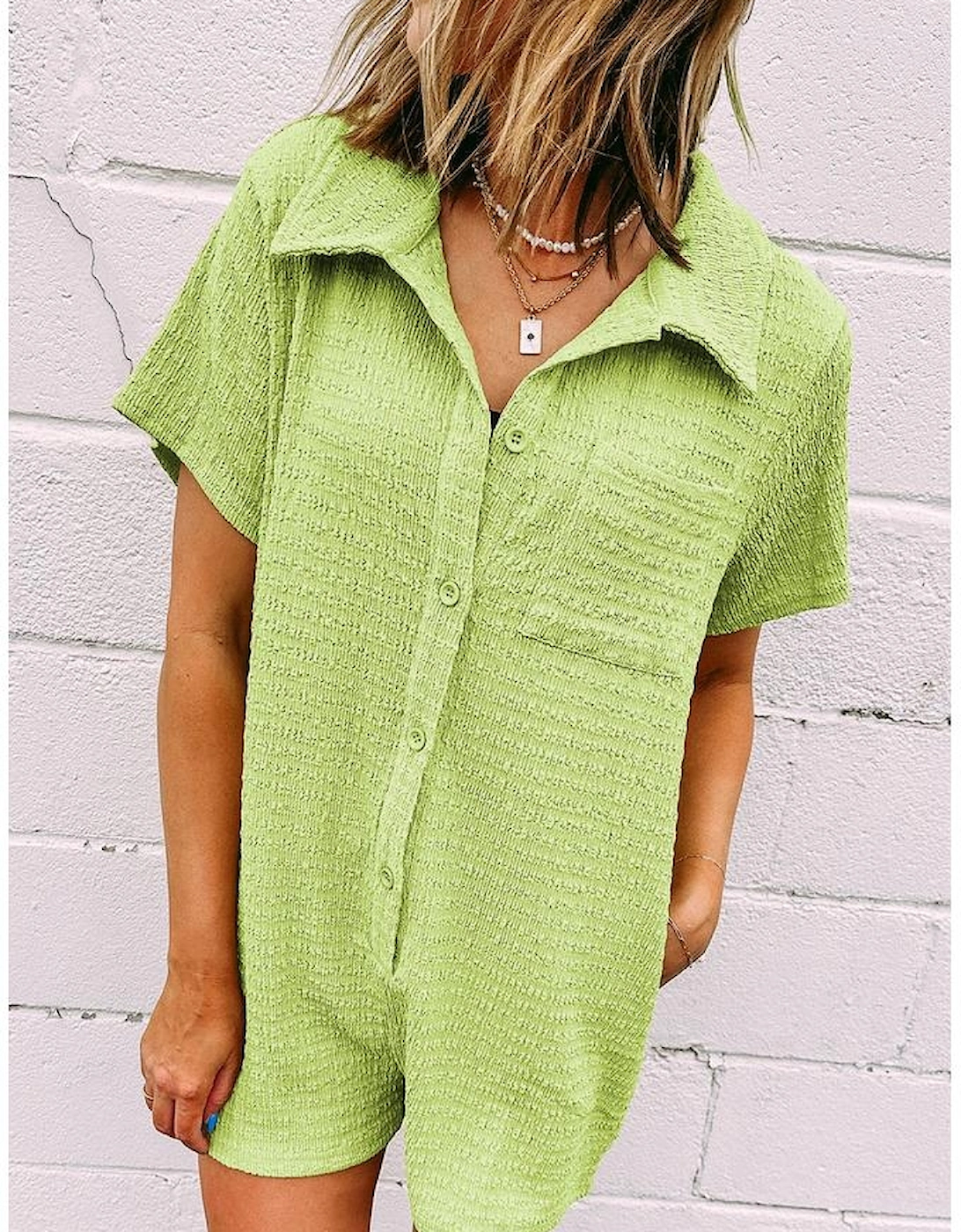 Meadow Mist Green Textured Short Sleeve Patched Pocket Buttoned Shirt Romper
