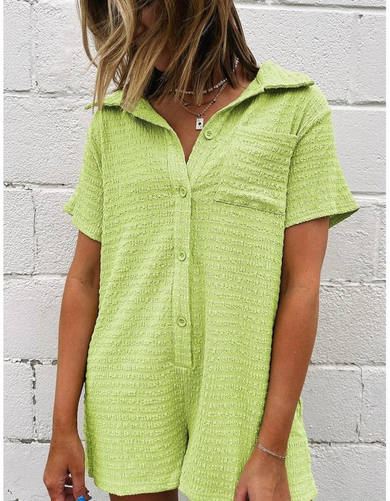 Meadow Mist Green Textured Short Sleeve Patched Pocket Buttoned Shirt Romper