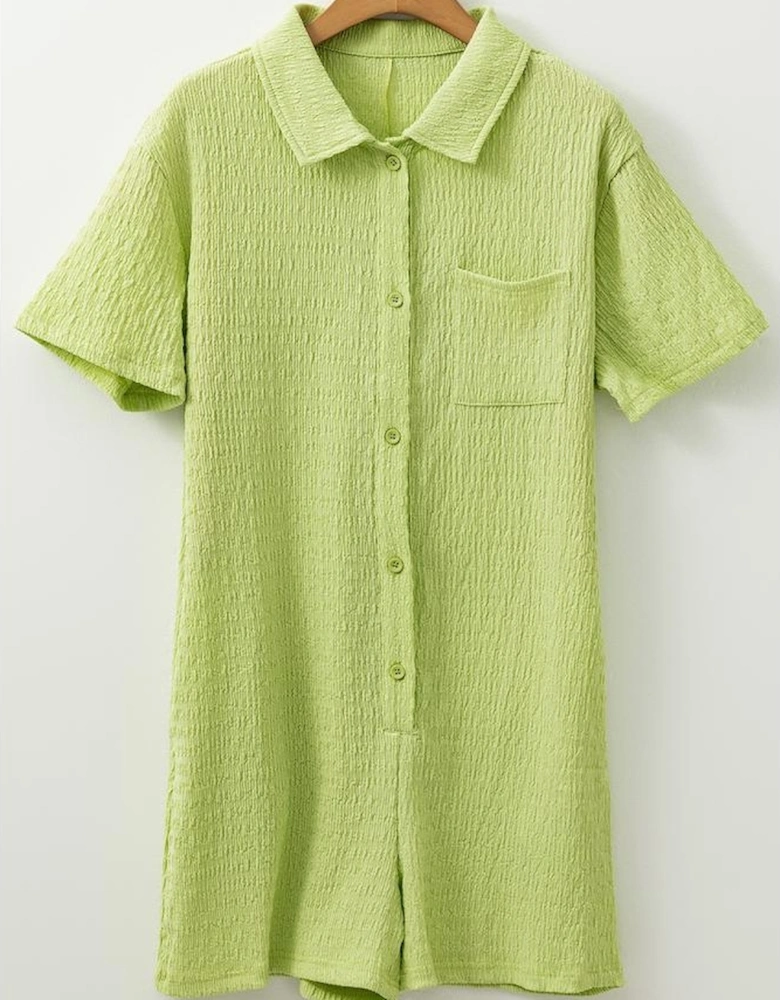 Meadow Mist Green Textured Short Sleeve Patched Pocket Buttoned Shirt Romper