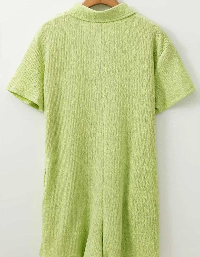 Meadow Mist Green Textured Short Sleeve Patched Pocket Buttoned Shirt Romper