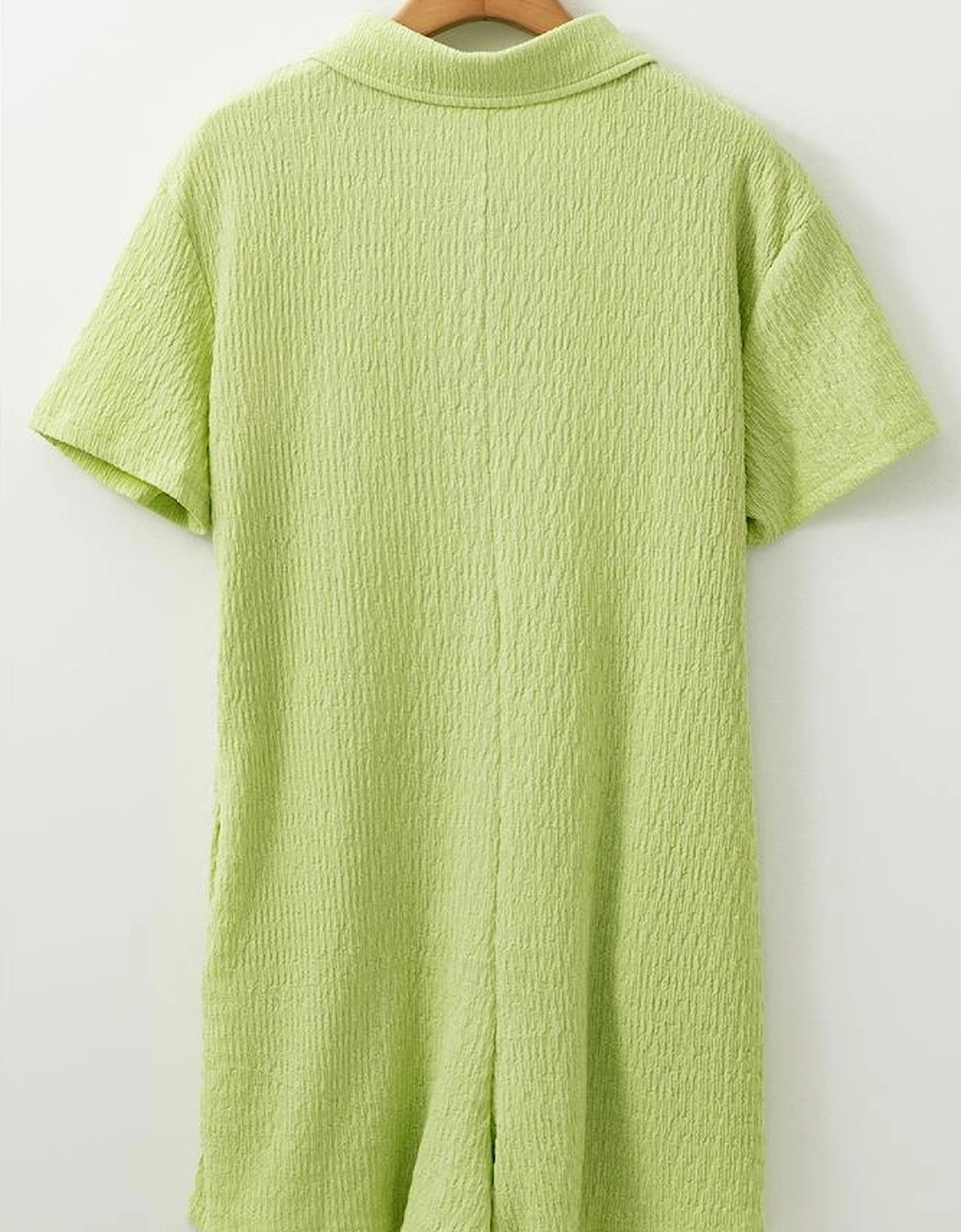 Meadow Mist Green Textured Short Sleeve Patched Pocket Buttoned Shirt Romper