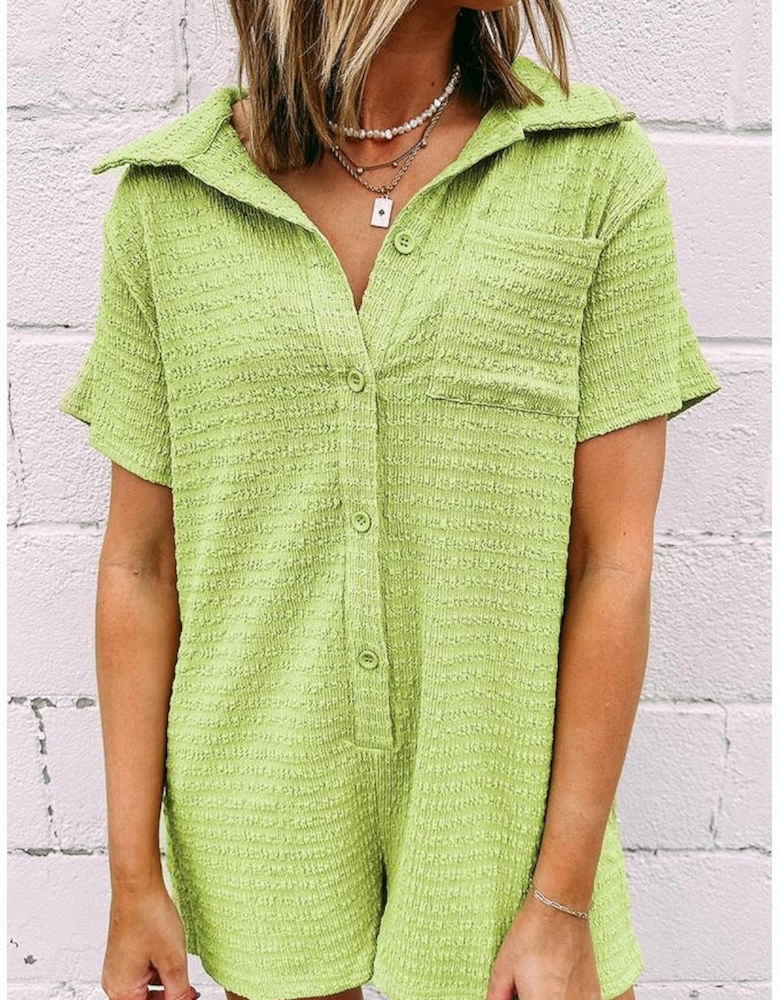 Meadow Mist Green Textured Short Sleeve Patched Pocket Buttoned Shirt Romper