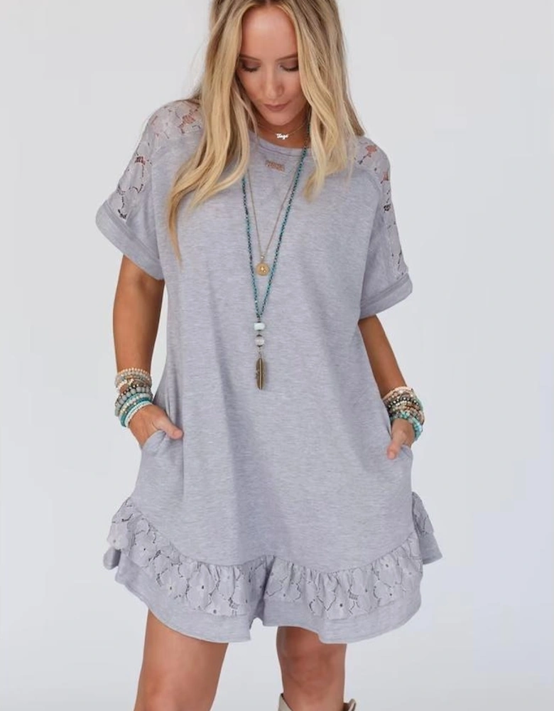 Light Grey Lace Floral Patchwork Ruffled T-shirt Dress