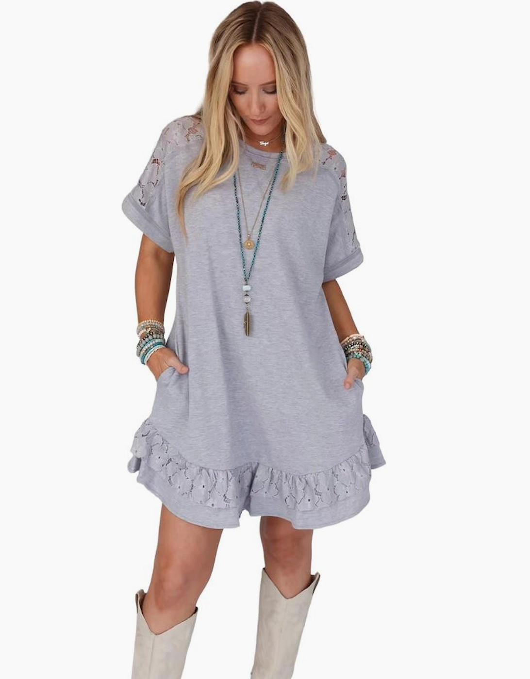 Light Grey Lace Floral Patchwork Ruffled T-shirt Dress
