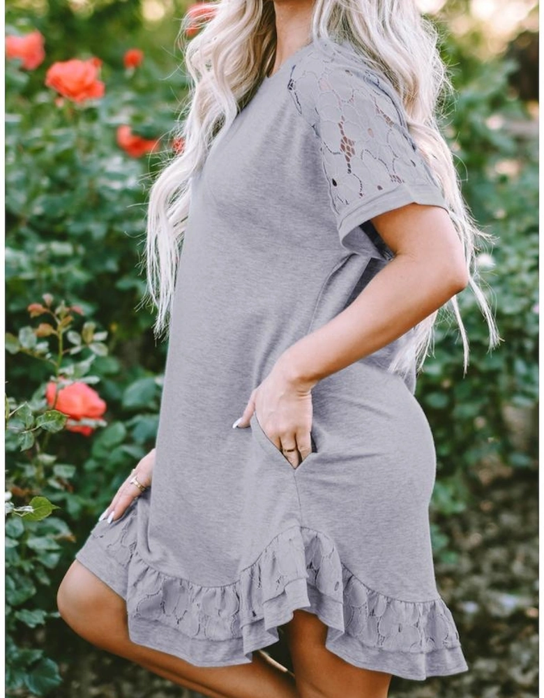 Light Grey Lace Floral Patchwork Ruffled T-shirt Dress