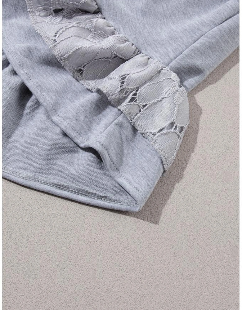 Light Grey Lace Floral Patchwork Ruffled T-shirt Dress