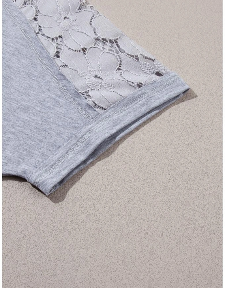Light Grey Lace Floral Patchwork Ruffled T-shirt Dress
