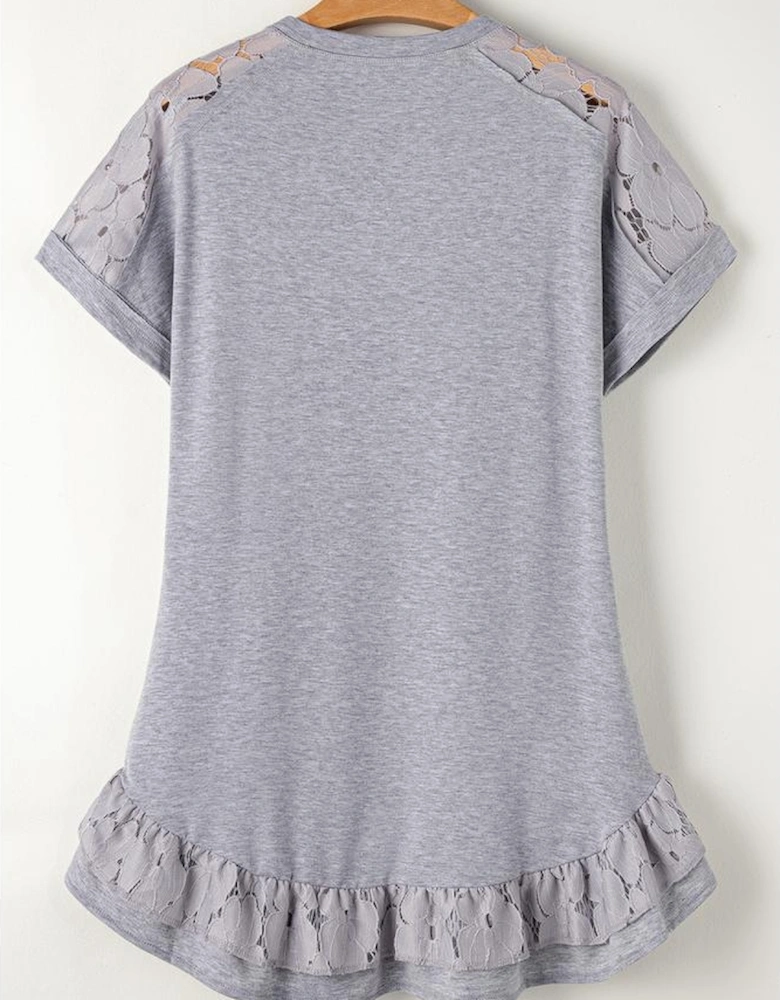 Light Grey Lace Floral Patchwork Ruffled T-shirt Dress