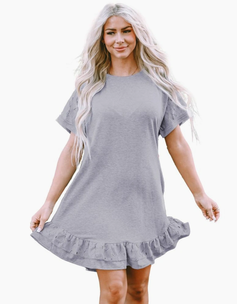 Light Grey Lace Floral Patchwork Ruffled T-shirt Dress