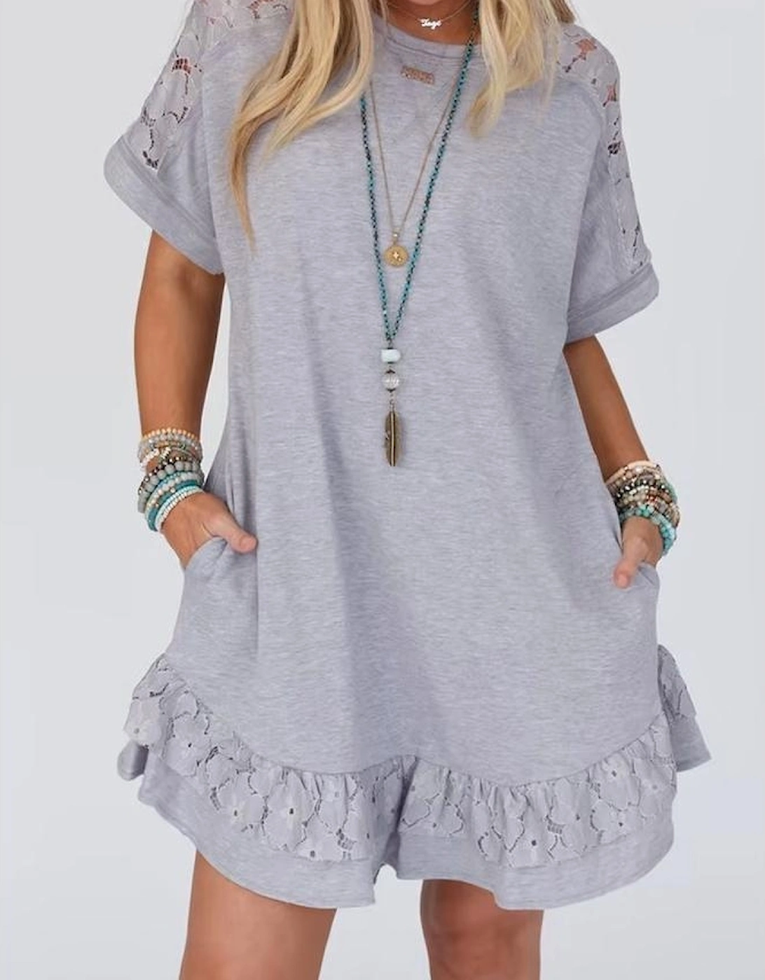 Light Grey Lace Floral Patchwork Ruffled T-shirt Dress