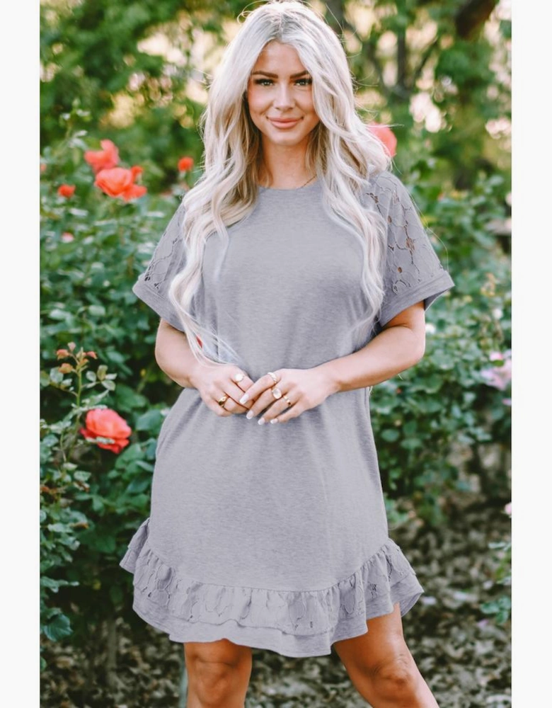 Light Grey Lace Floral Patchwork Ruffled T-shirt Dress