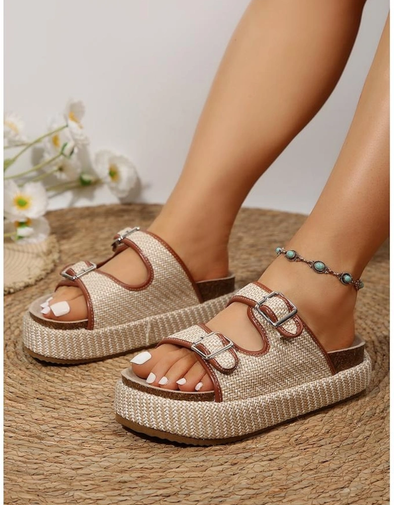 Azura Exchange Beige Linen Dual Buckle Strap Thick Sole Outdoor Slippers