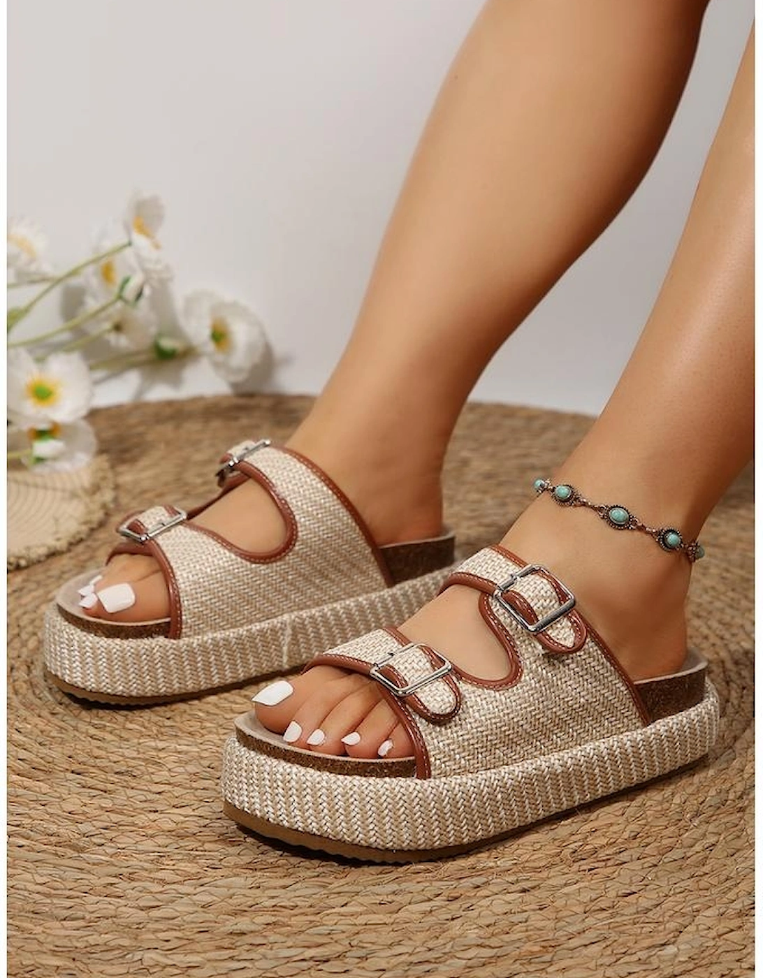 Azura Exchange Beige Linen Dual Buckle Strap Thick Sole Outdoor Slippers