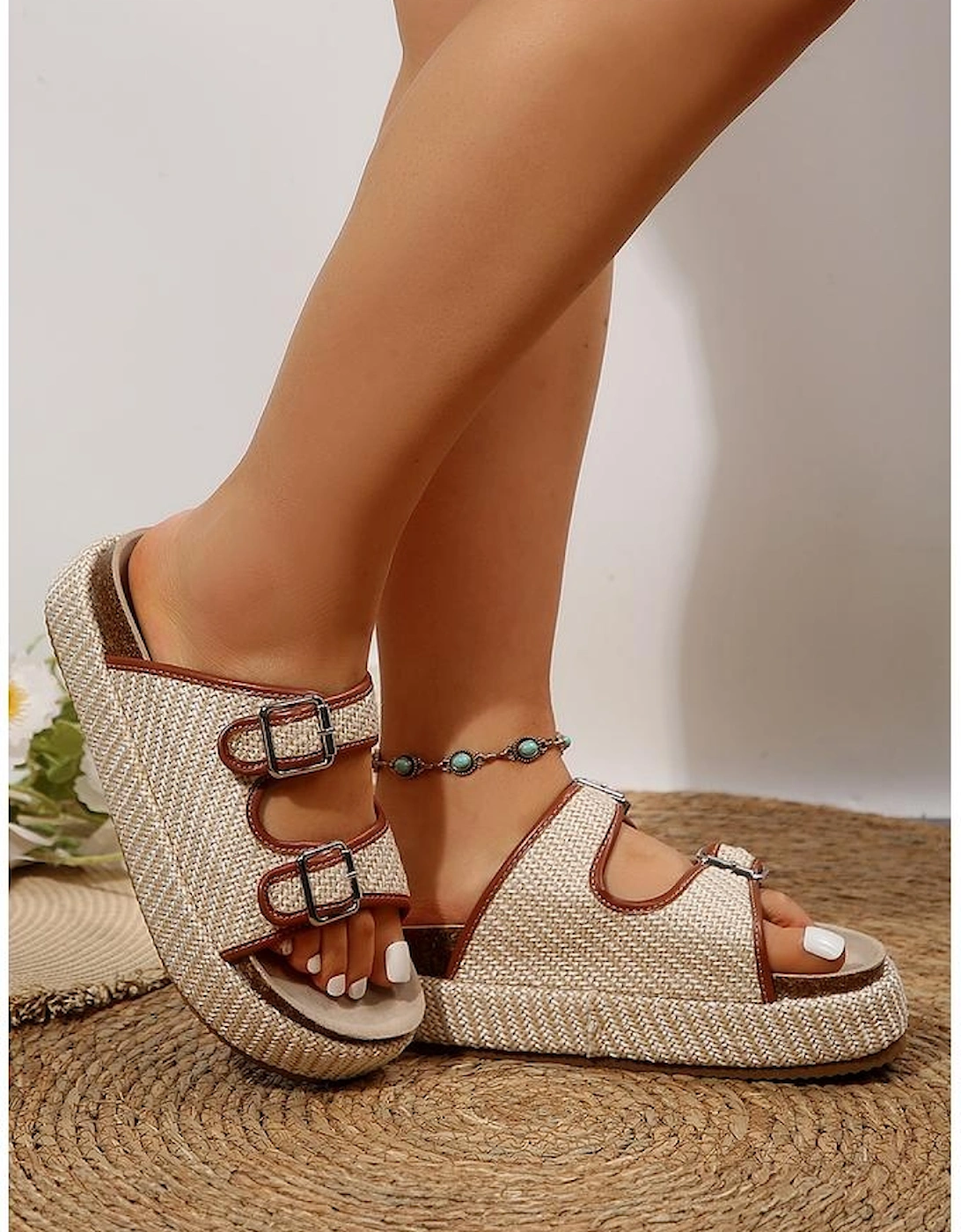 Azura Exchange Beige Linen Dual Buckle Strap Thick Sole Outdoor Slippers