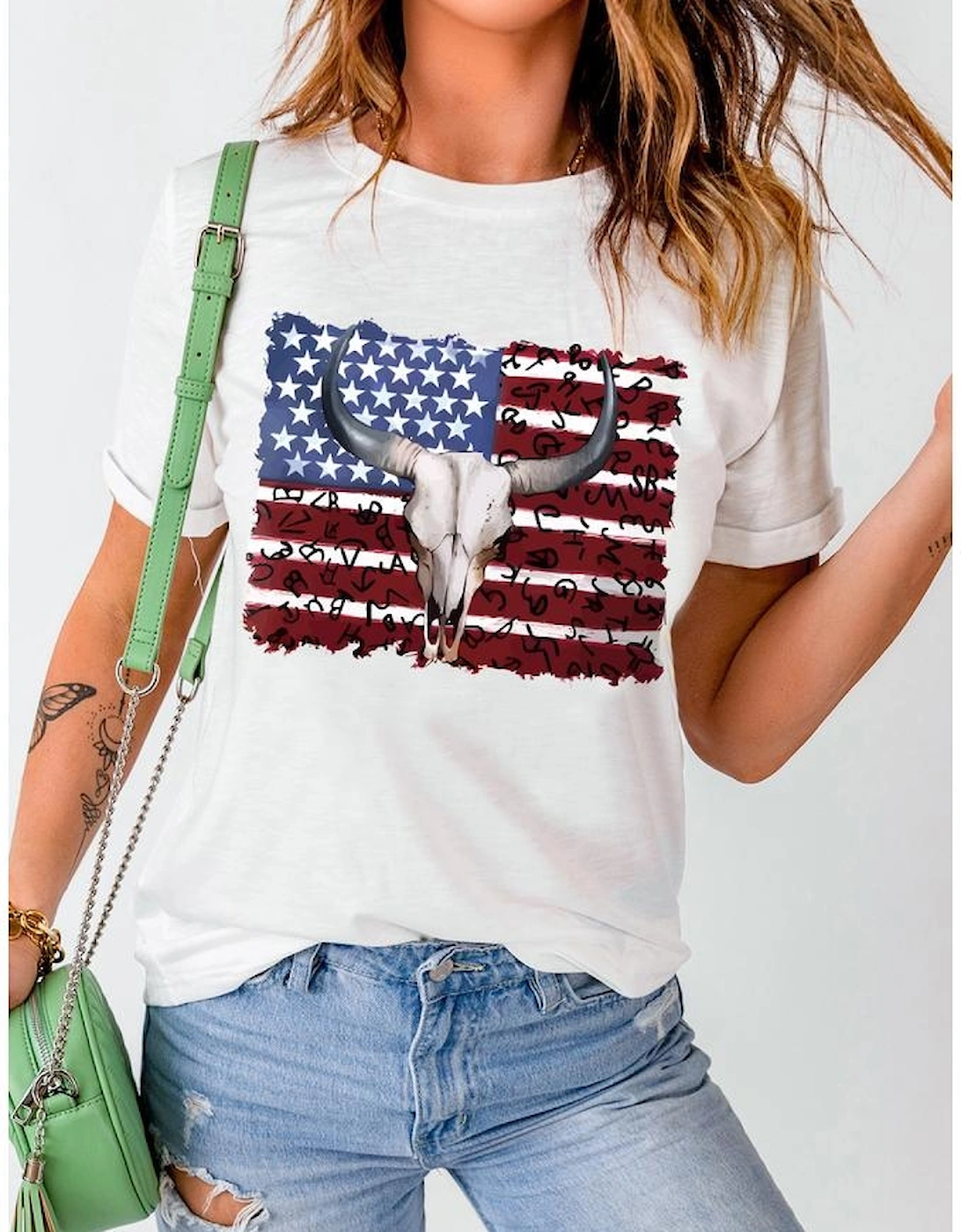 White Bull Skull American Flag Graphic Tee