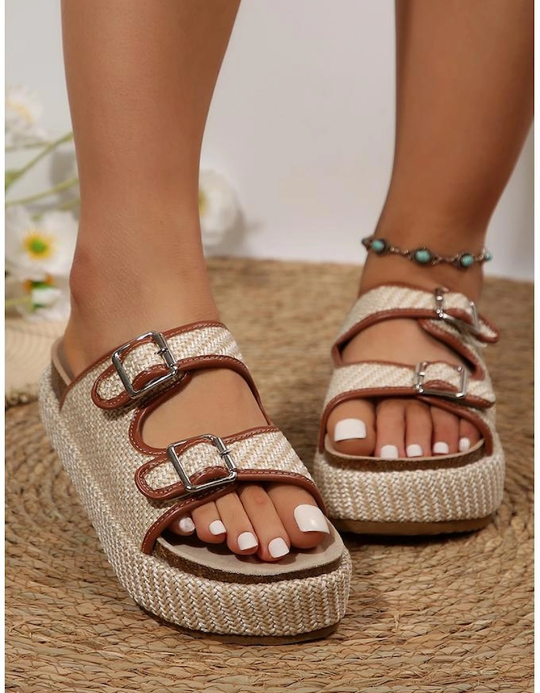 Azura Exchange Beige Linen Dual Buckle Strap Thick Sole Outdoor Slippers, 7 of 6