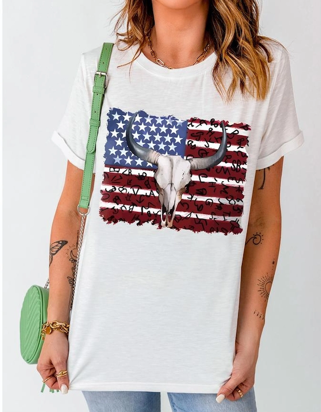 White Bull Skull American Flag Graphic Tee