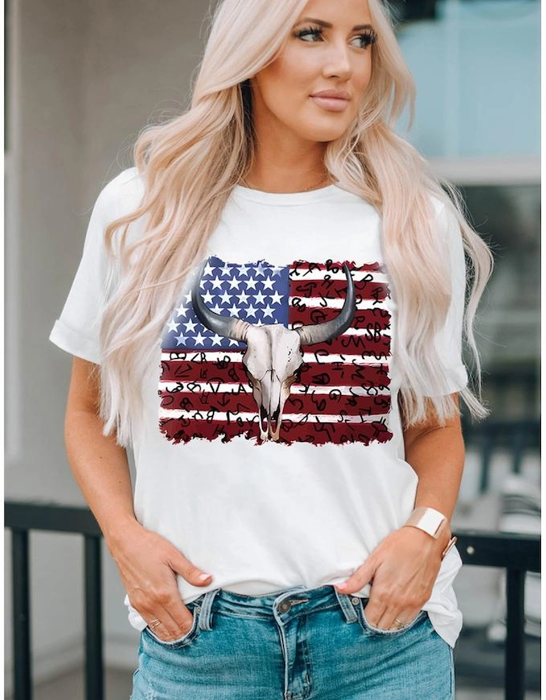 White Bull Skull American Flag Graphic Tee, 5 of 4