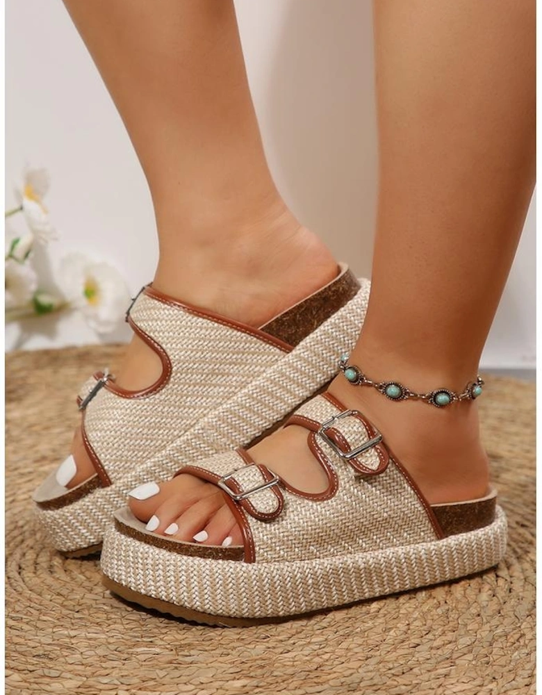 Azura Exchange Beige Linen Dual Buckle Strap Thick Sole Outdoor Slippers