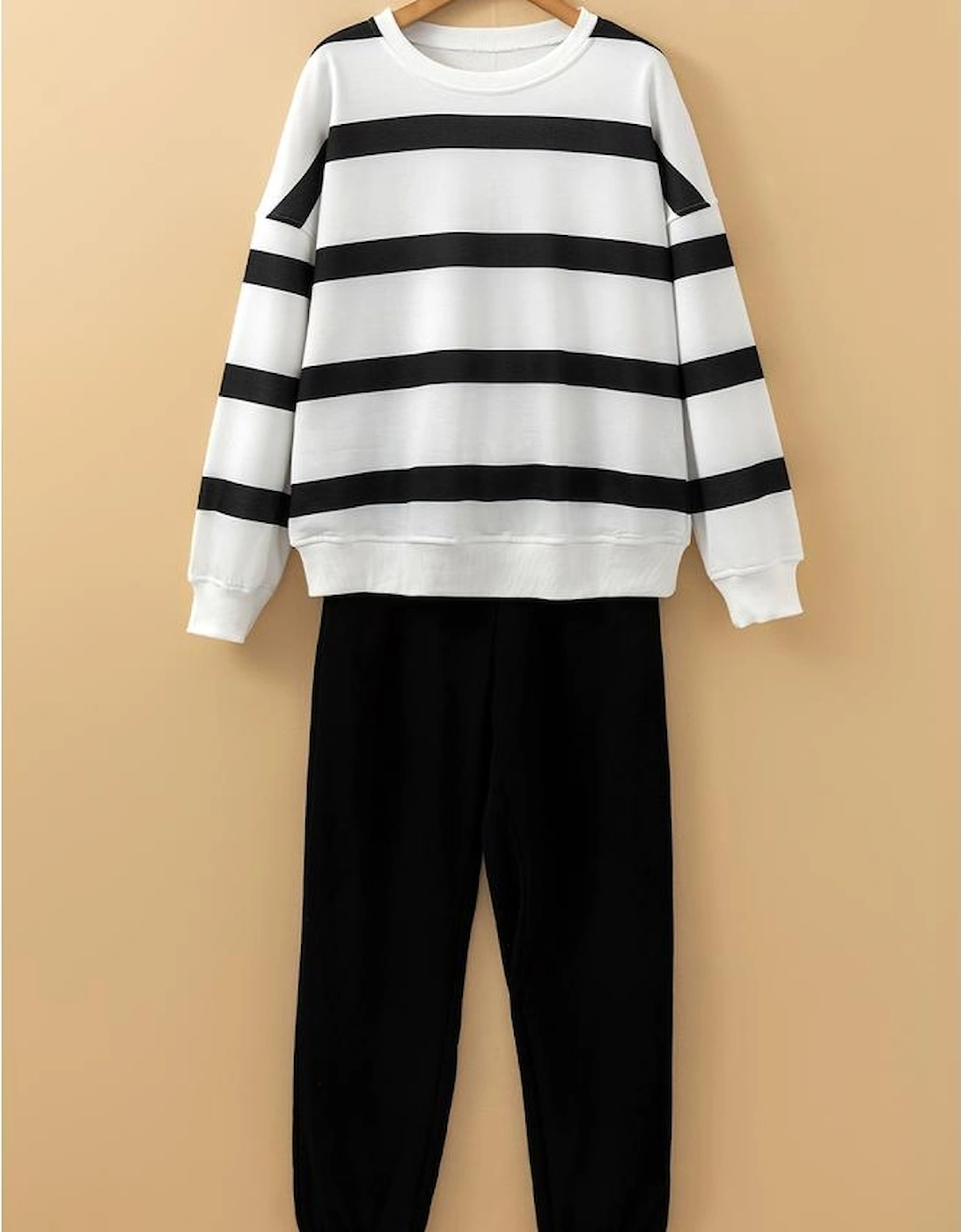Black Stripe Drop Shoulder Pullover and Jogger Pants Set