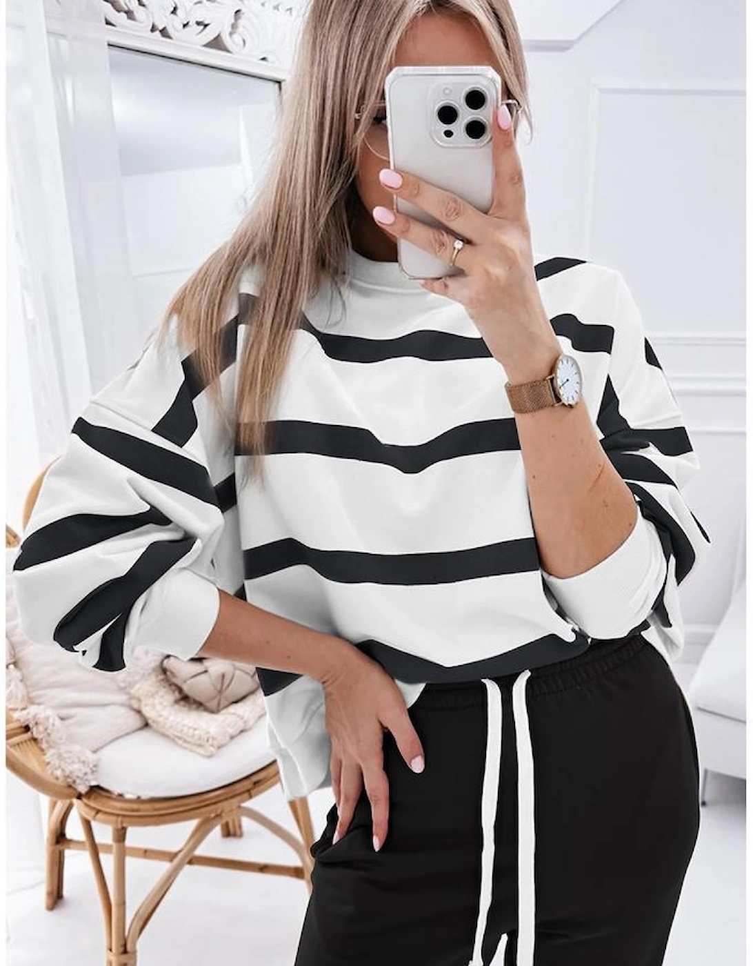Black Stripe Drop Shoulder Pullover and Jogger Pants Set