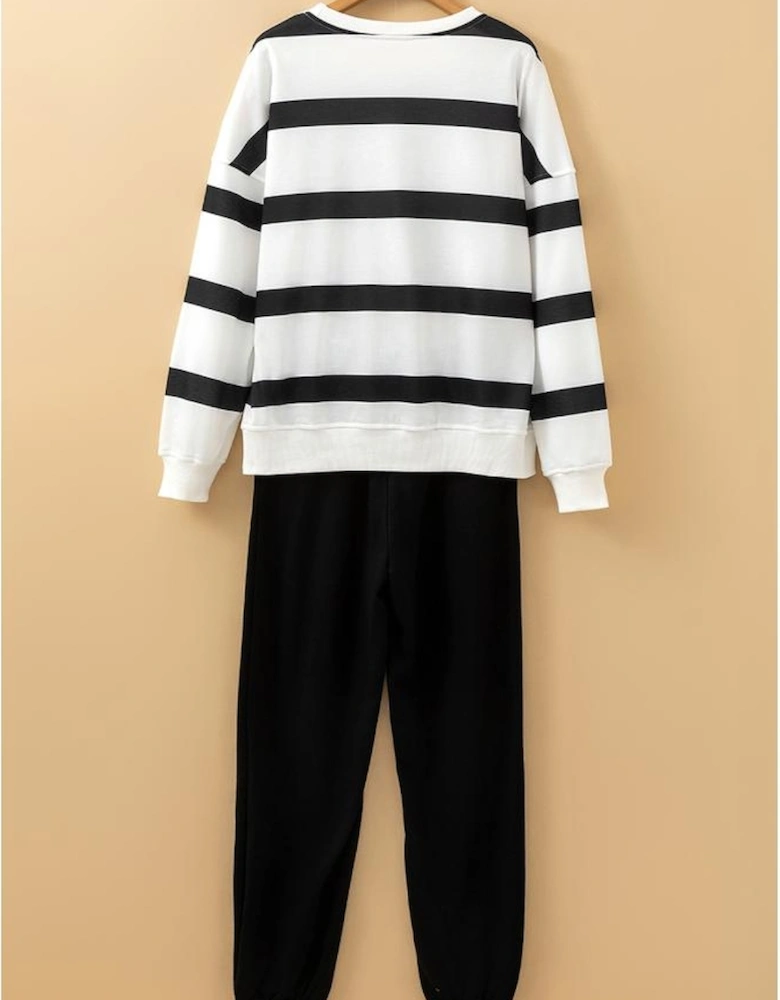 Black Stripe Drop Shoulder Pullover and Jogger Pants Set