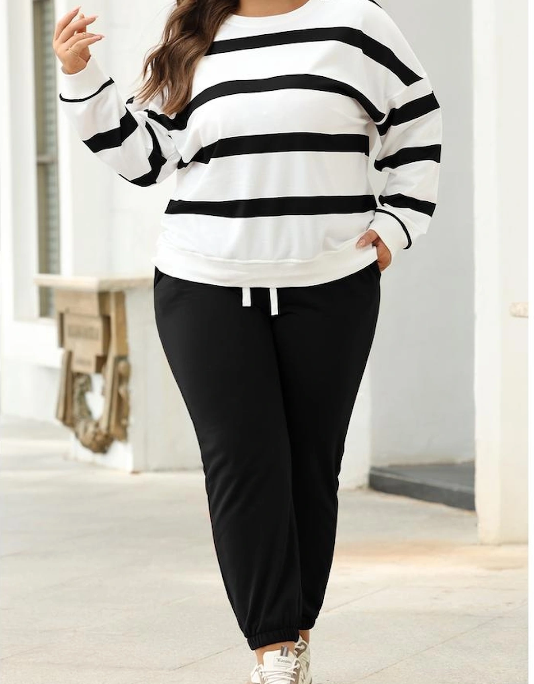 Black Stripe Drop Shoulder Pullover and Jogger Pants Set