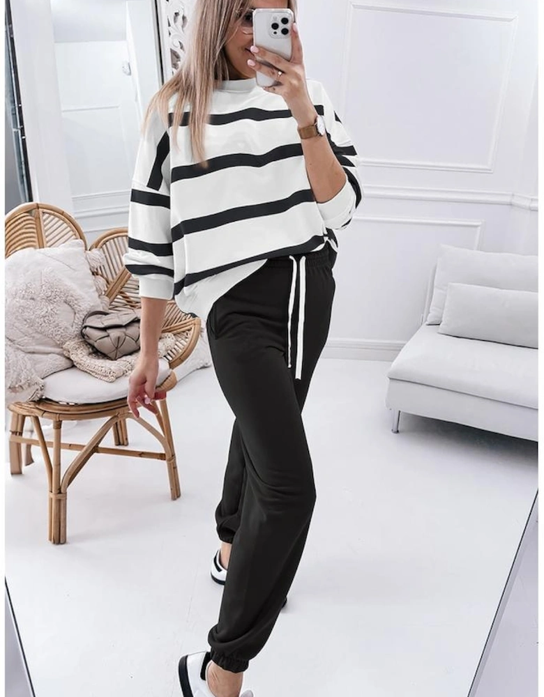 Black Stripe Drop Shoulder Pullover and Jogger Pants Set