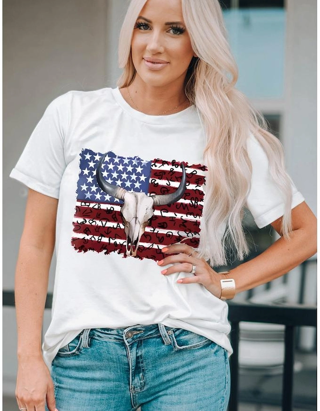 White Bull Skull American Flag Graphic Tee
