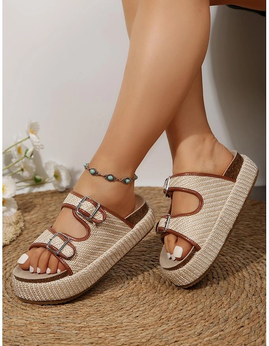 Azura Exchange Beige Linen Dual Buckle Strap Thick Sole Outdoor Slippers