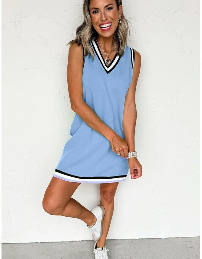 Myosotis Color Contrast Trim V Neck Shift Sleeveless Mini Dress