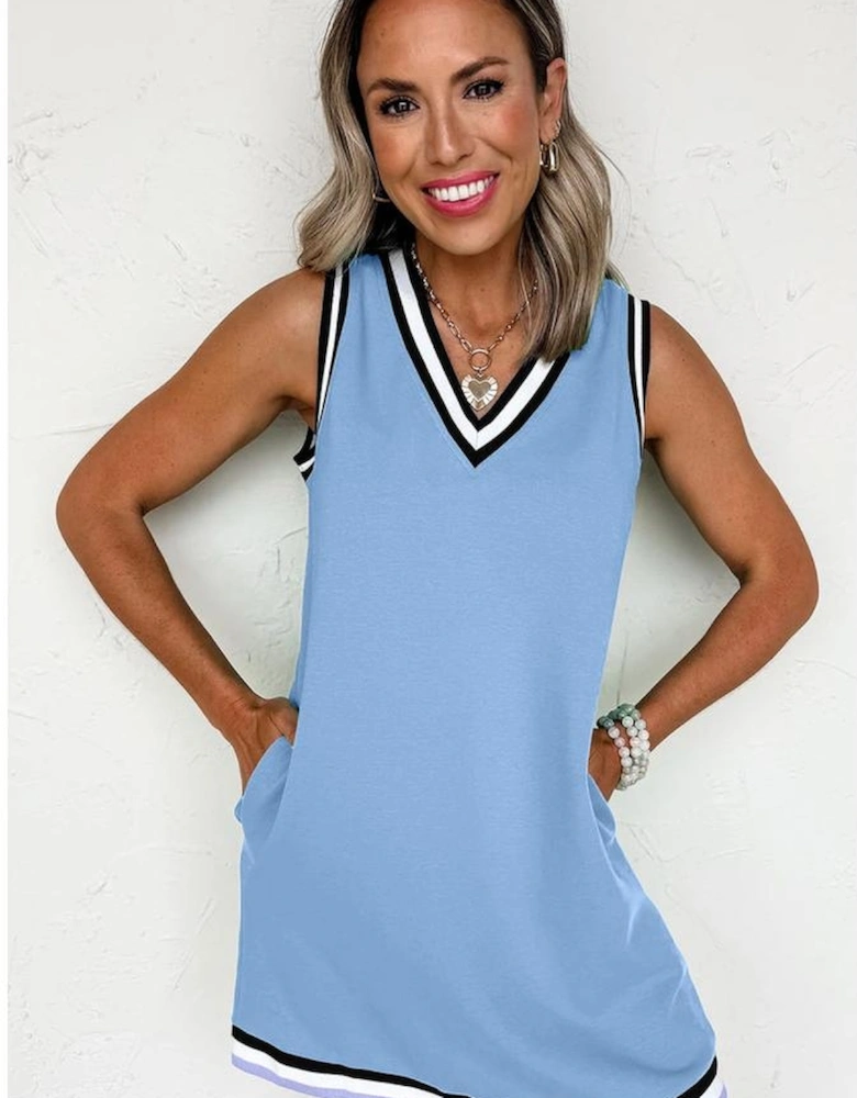 Myosotis Color Contrast Trim V Neck Shift Sleeveless Mini Dress