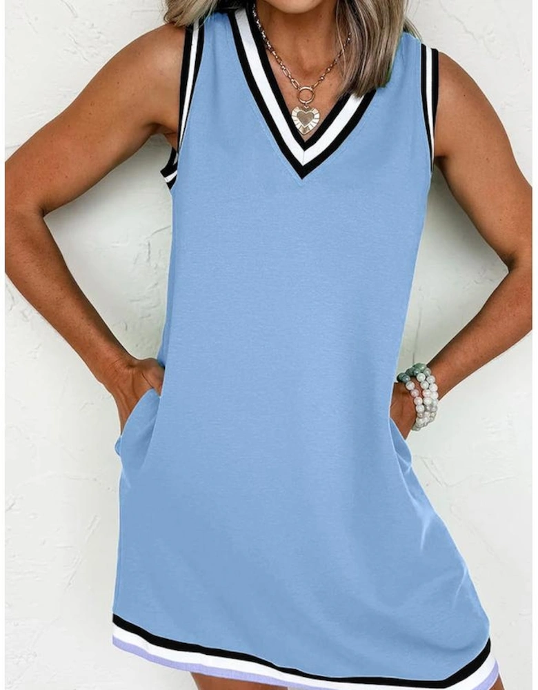 Myosotis Color Contrast Trim V Neck Shift Sleeveless Mini Dress