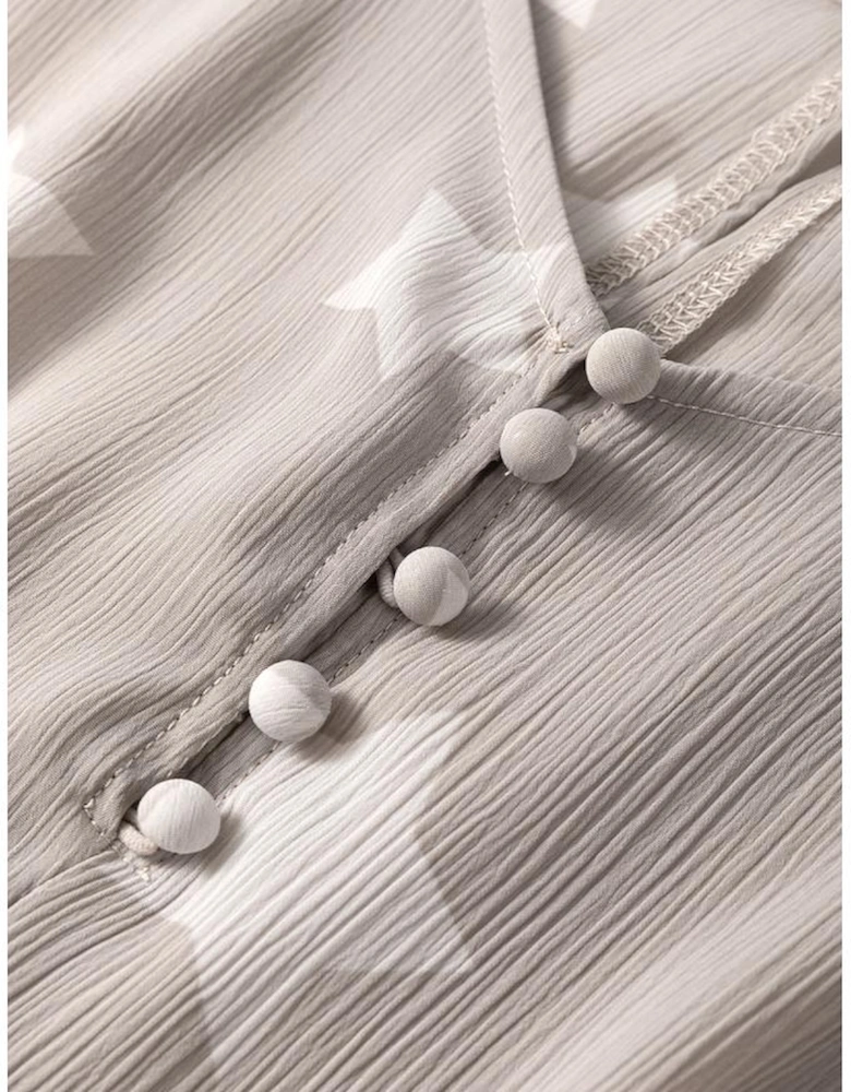 Gray Star Print Crinkle Textured Kimono Ruffle Sleeve Romper