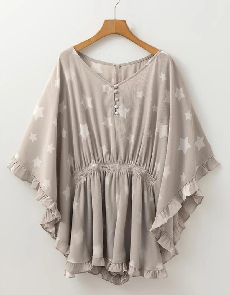 Gray Star Print Crinkle Textured Kimono Ruffle Sleeve Romper
