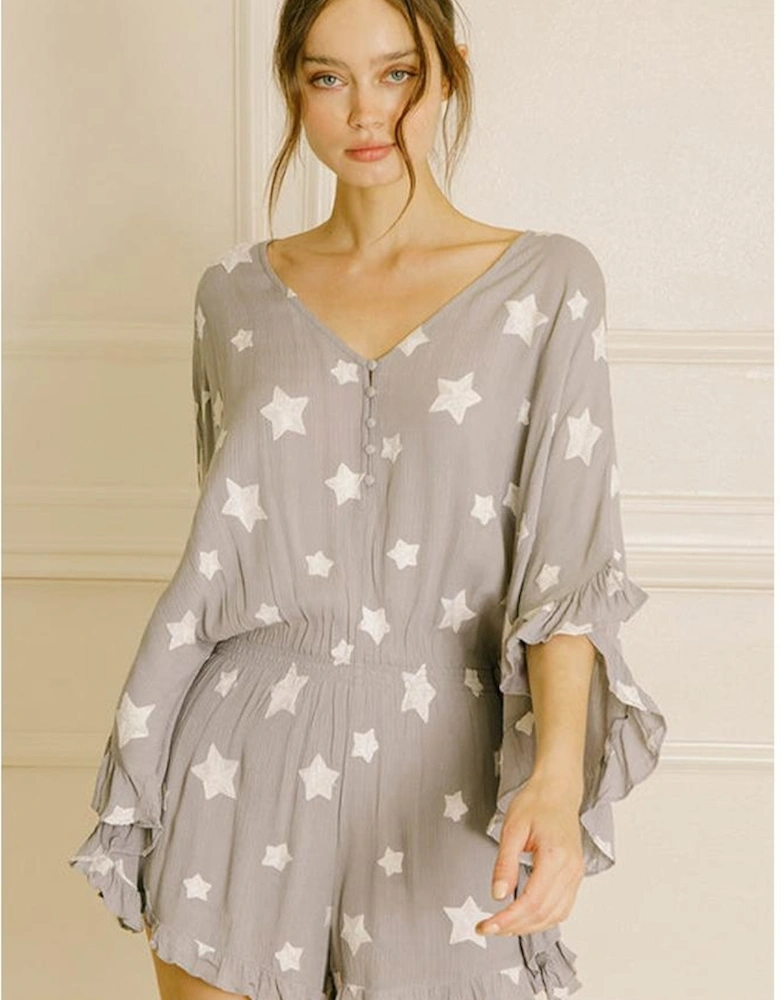 Gray Star Print Crinkle Textured Kimono Ruffle Sleeve Romper