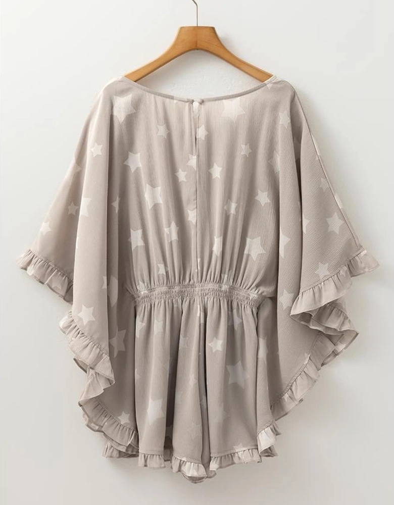 Gray Star Print Crinkle Textured Kimono Ruffle Sleeve Romper