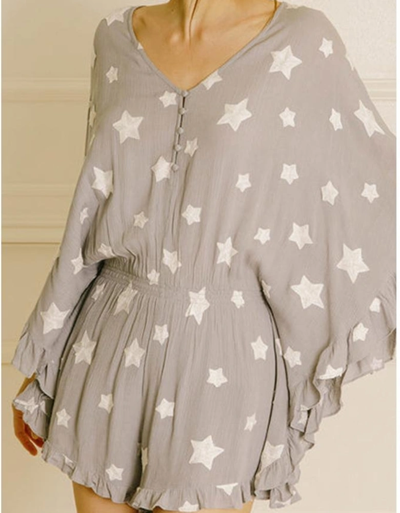 Gray Star Print Crinkle Textured Kimono Ruffle Sleeve Romper