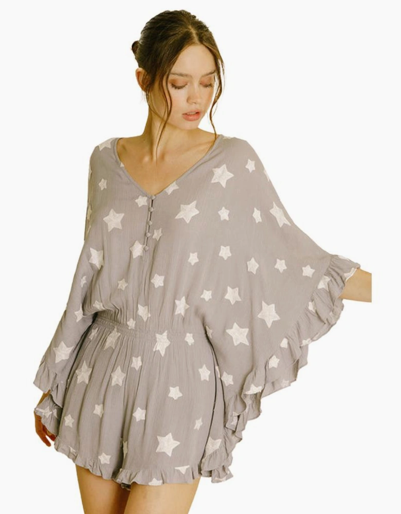 Gray Star Print Crinkle Textured Kimono Ruffle Sleeve Romper