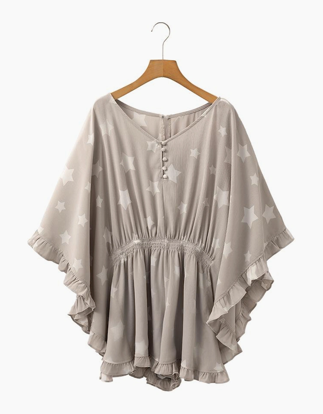 Gray Star Print Crinkle Textured Kimono Ruffle Sleeve Romper