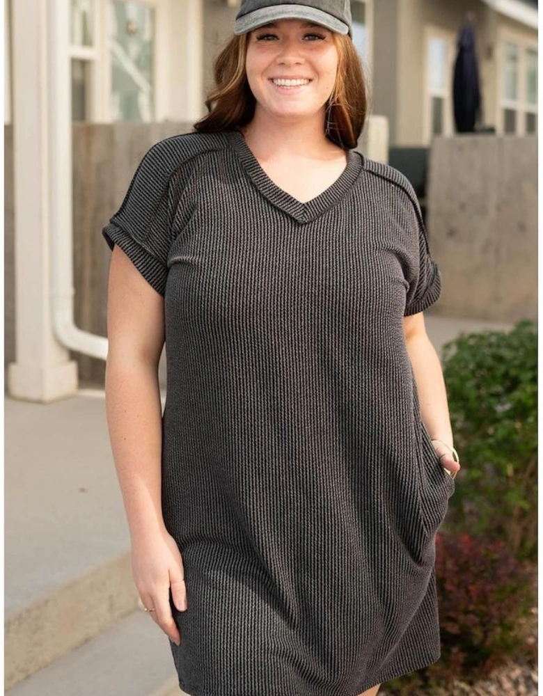 Carbon Grey Corded V Neck Plus Size T Shirt Dress with Pockets