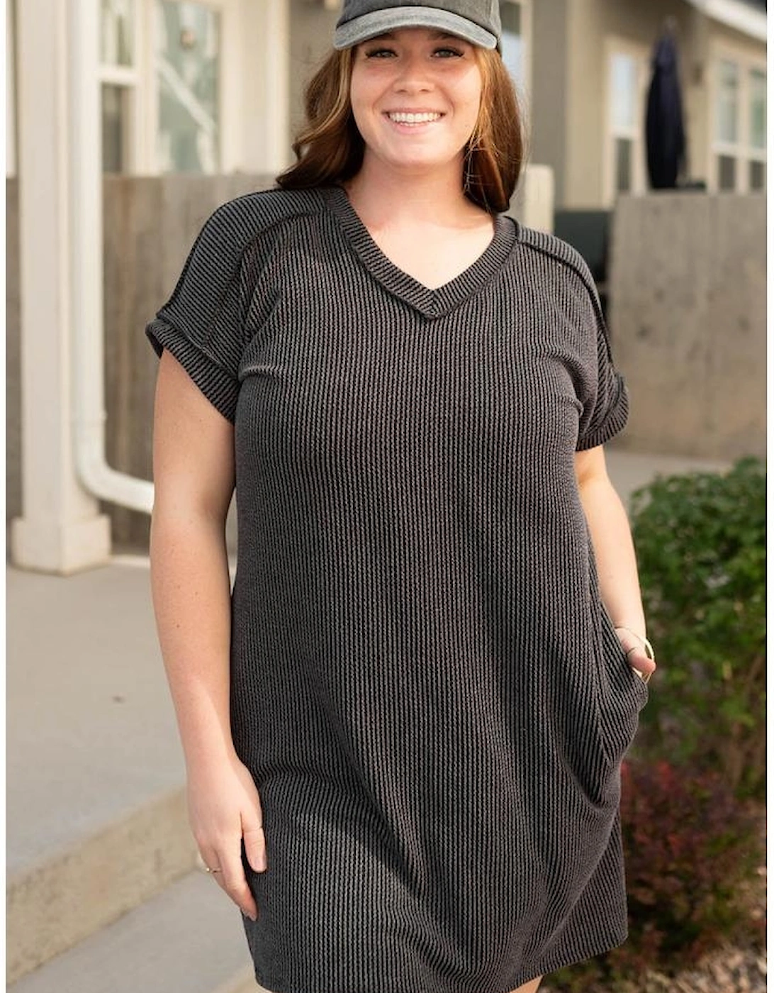 Carbon Grey Corded V Neck Plus Size T Shirt Dress with Pockets