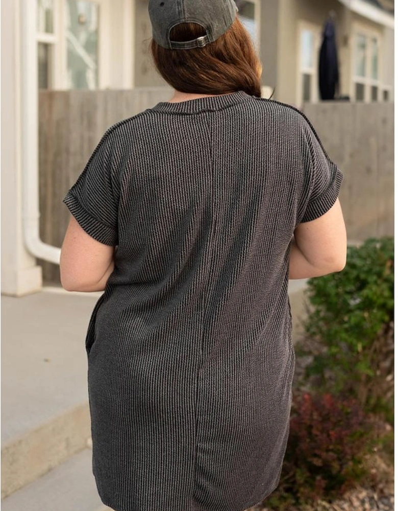 Carbon Grey Corded V Neck Plus Size T Shirt Dress with Pockets