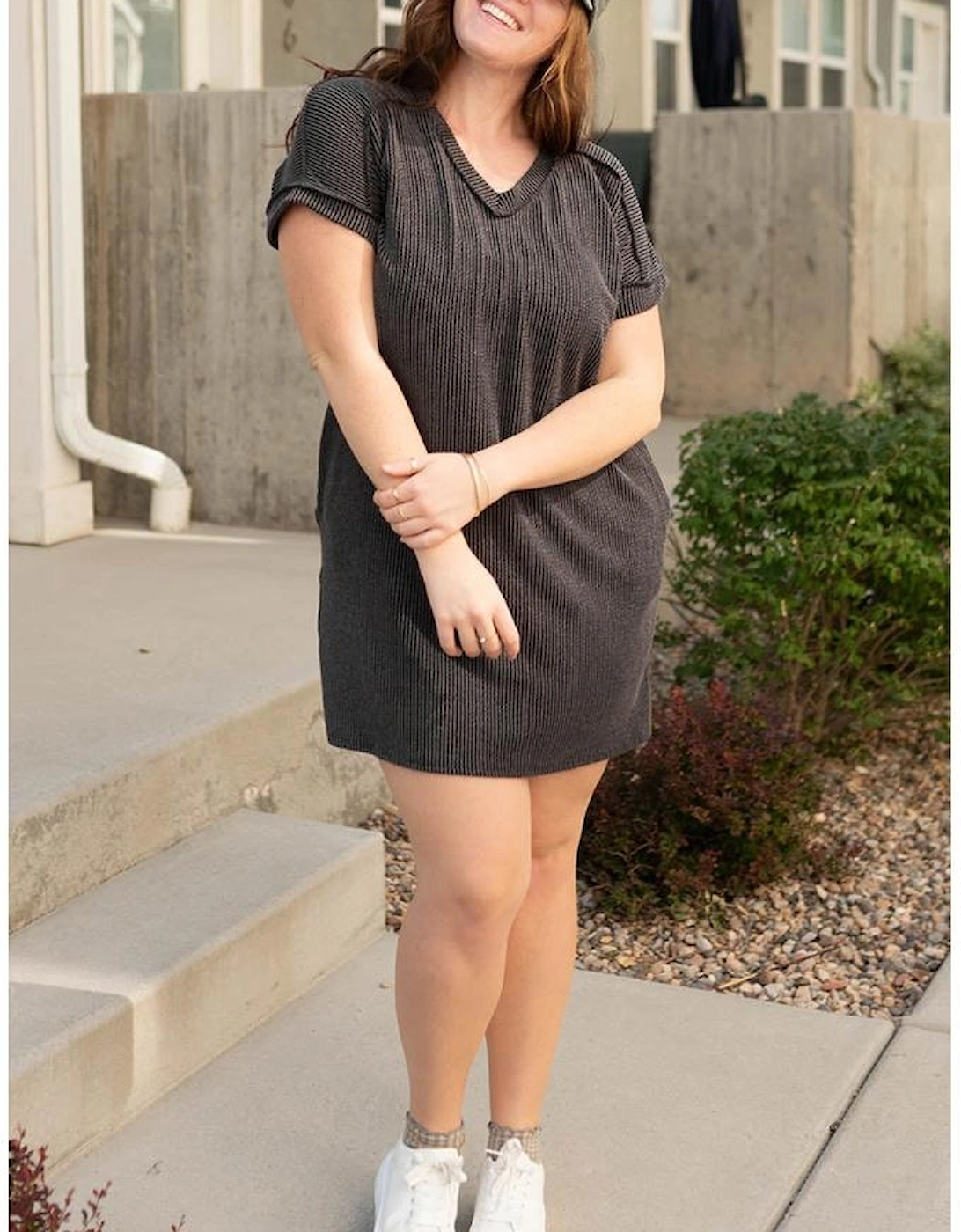 Carbon Grey Corded V Neck Plus Size T Shirt Dress with Pockets