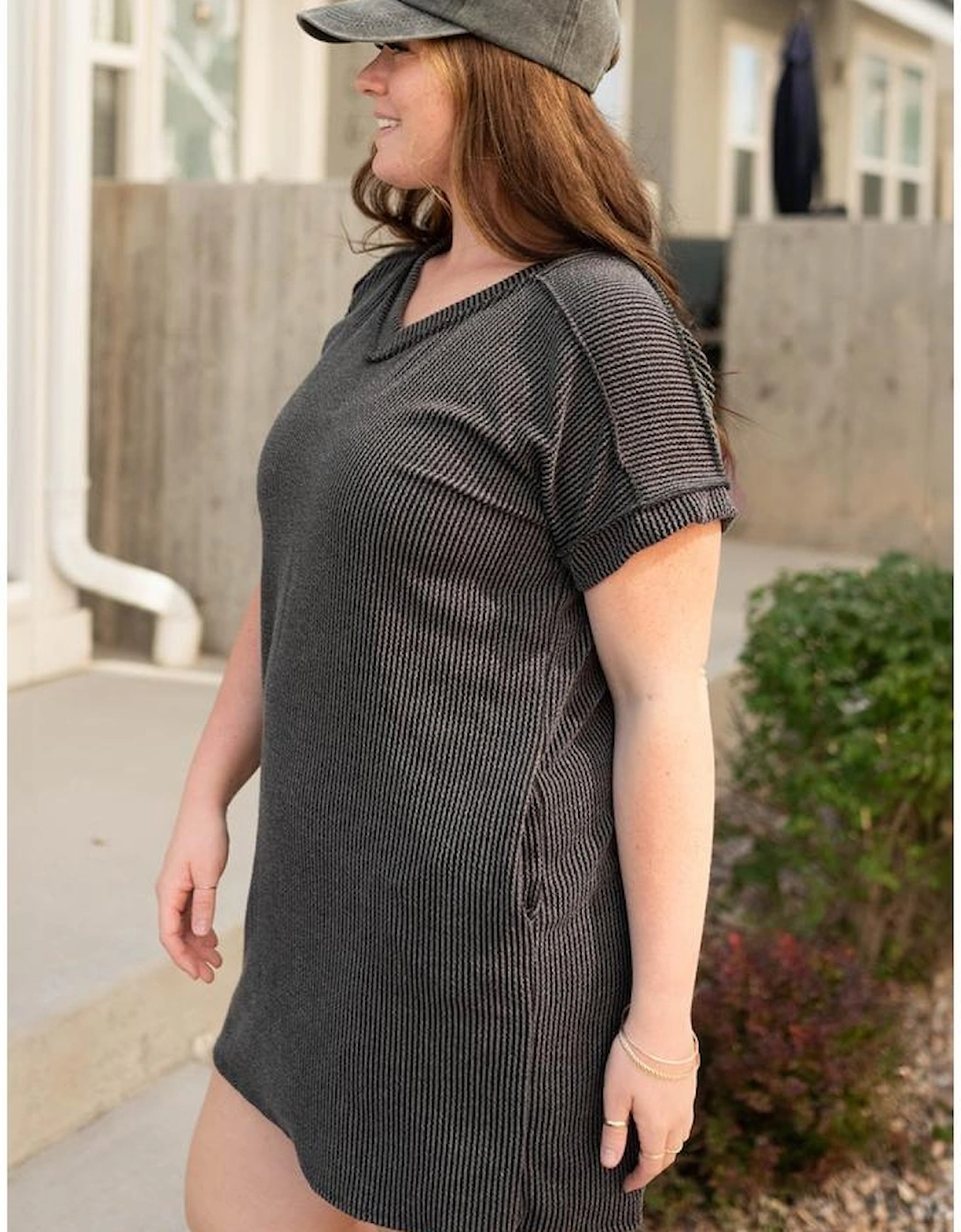 Carbon Grey Corded V Neck Plus Size T Shirt Dress with Pockets
