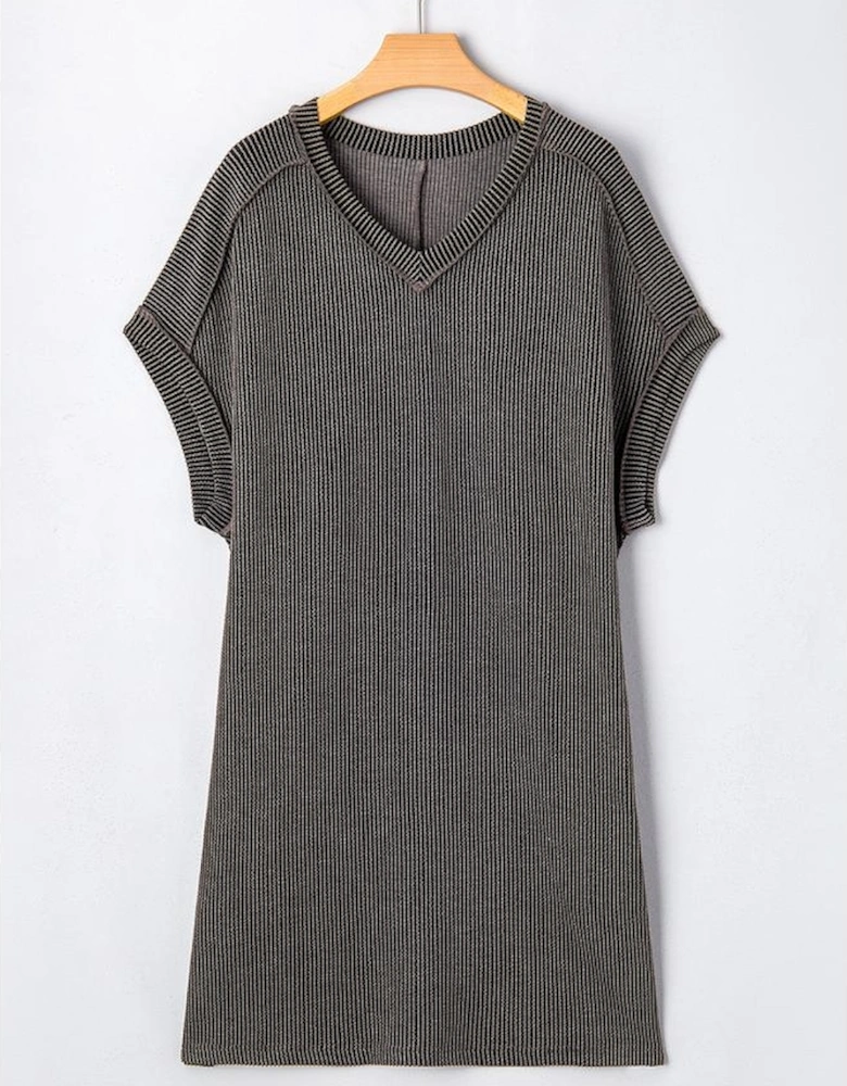Carbon Grey Corded V Neck Plus Size T Shirt Dress with Pockets