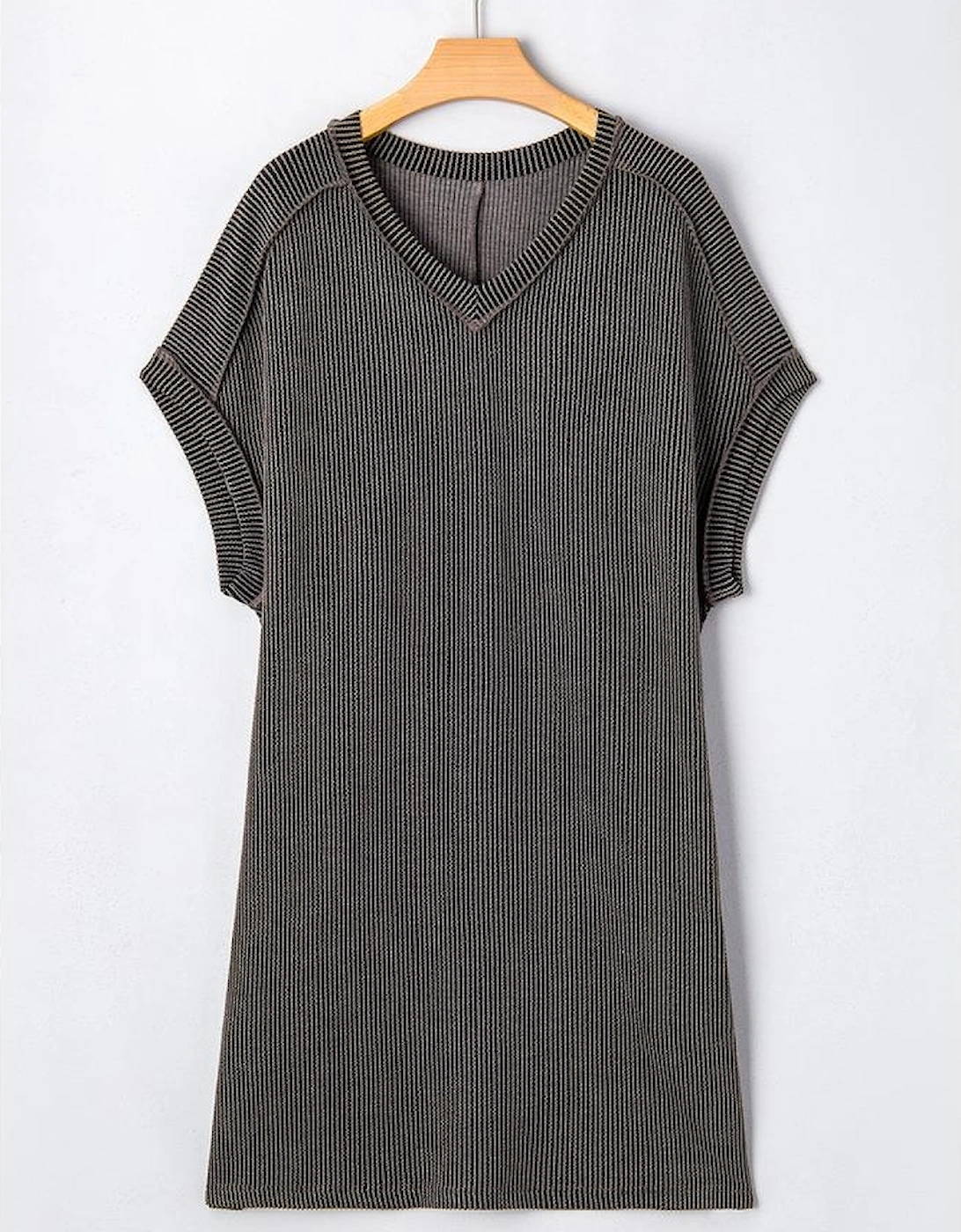 Carbon Grey Corded V Neck Plus Size T Shirt Dress with Pockets