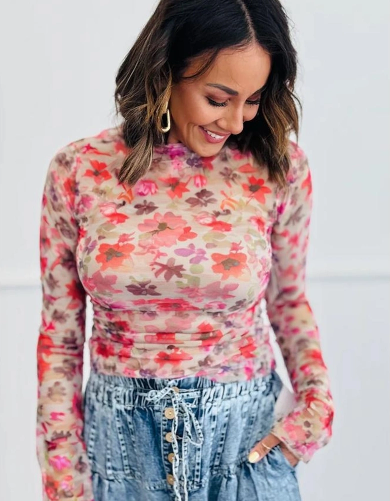 Red Floral Print Long Sleeve Slim Fit Mesh Top