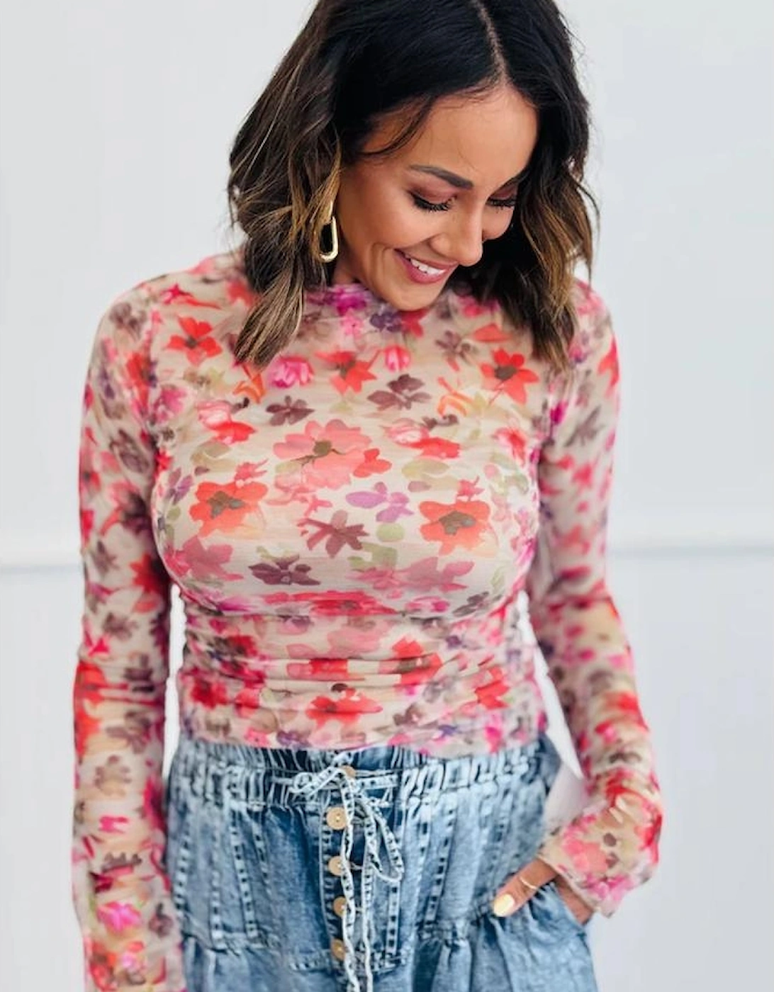 Red Floral Print Long Sleeve Slim Fit Mesh Top, 10 of 9